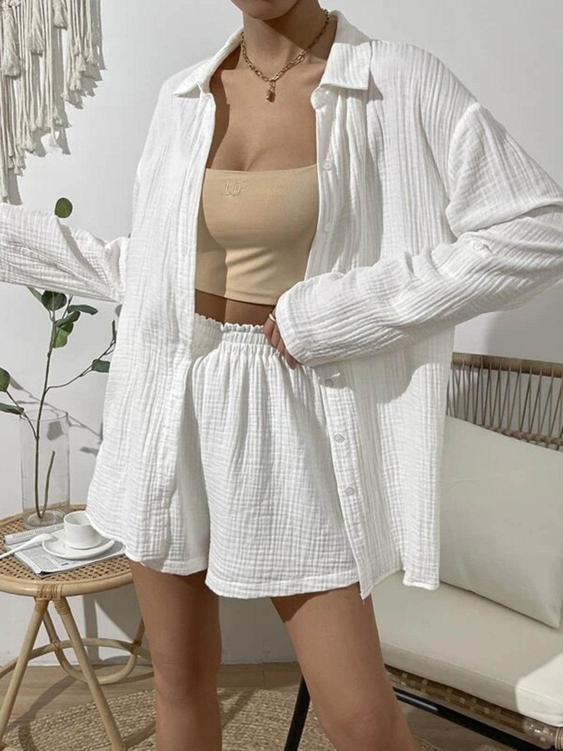 Dropped Shoulder Button Up Top and Elastic Waist Shorts Set - DaTrendStore.Com