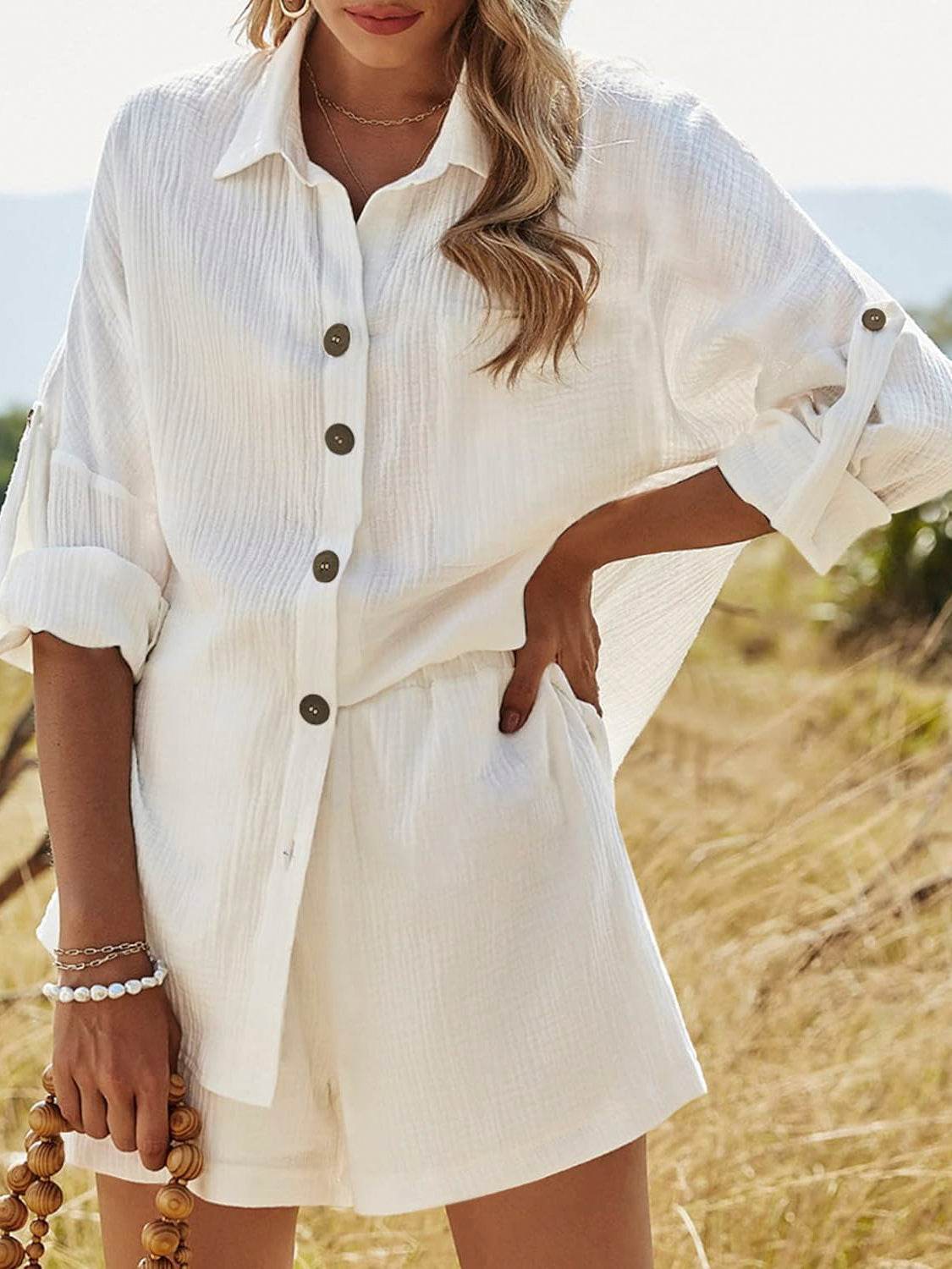 Texture Button Up Shirt and Shorts Set - DaTrendStore.Com