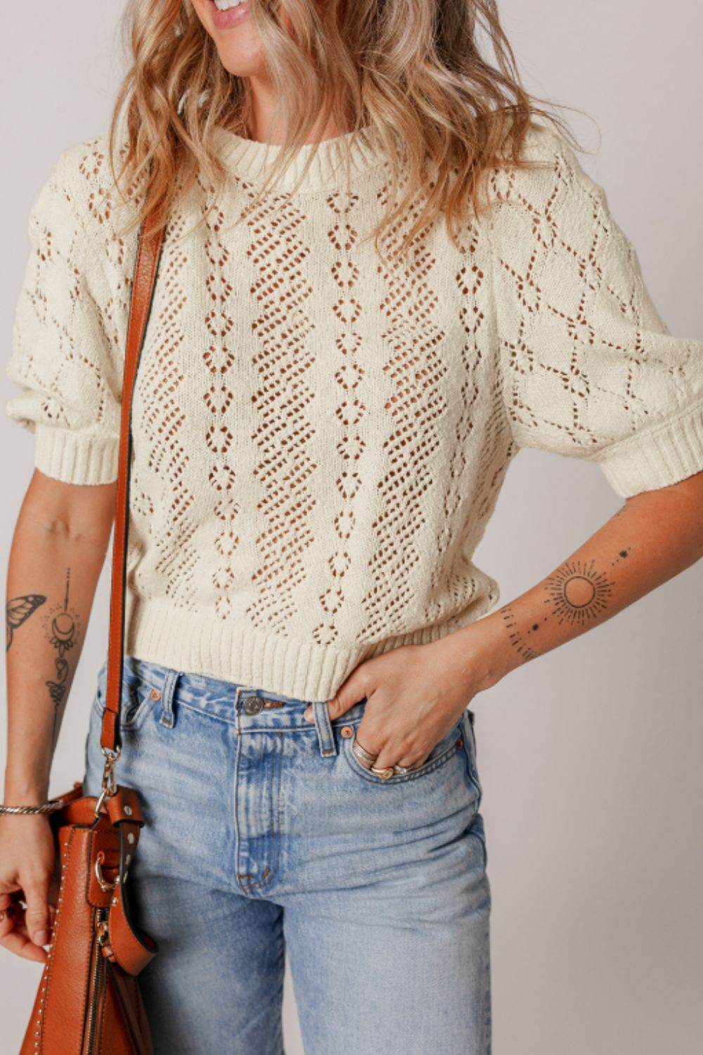 Hollowed Round Neck Half Sleeve Sweater - DaTrendStore.Com