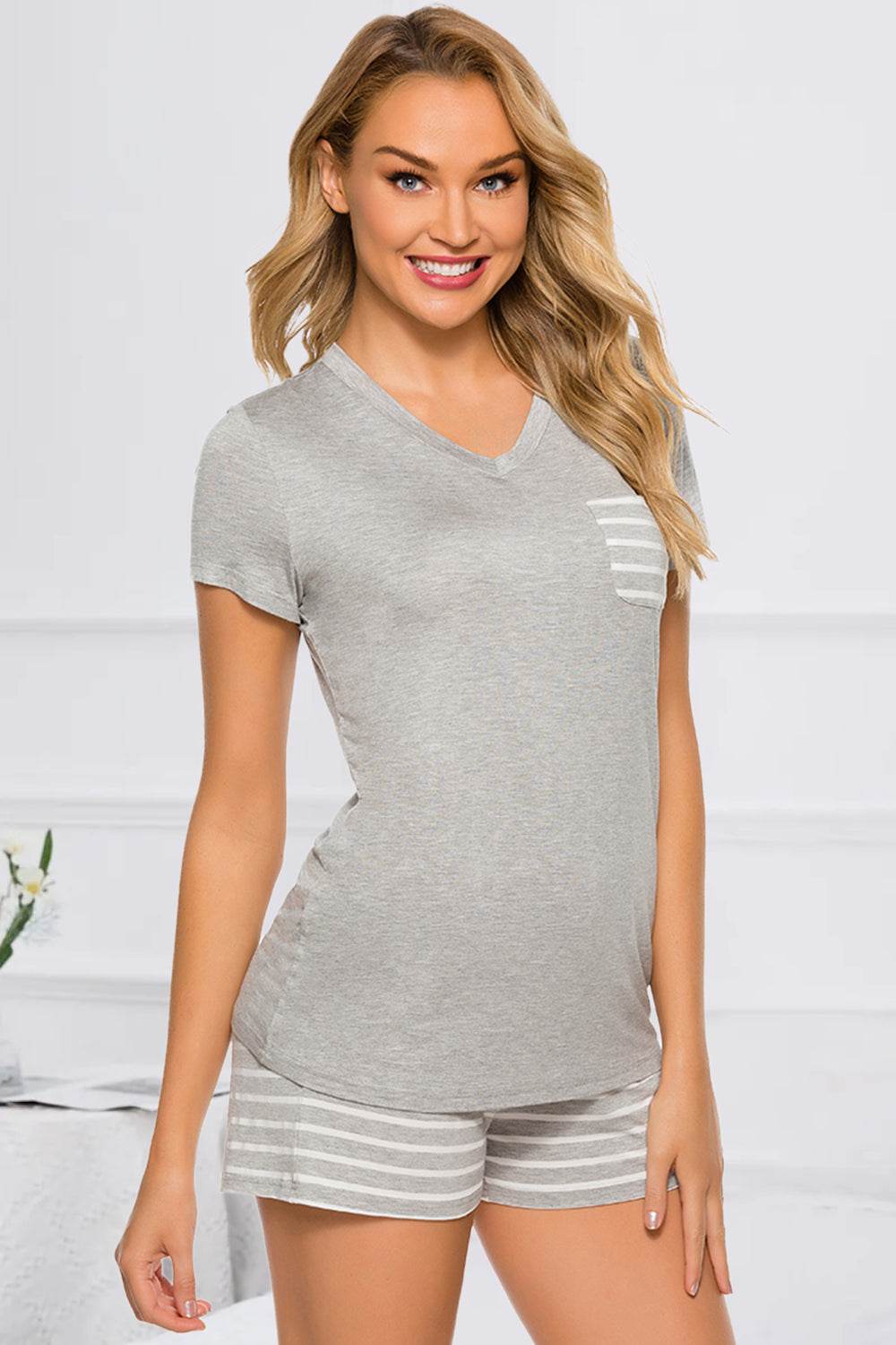 Striped Short Sleeve Top and Shorts Lounge Set - DaTrendStore.Com