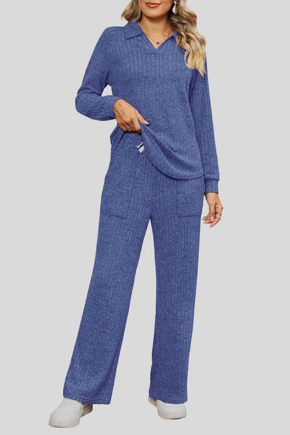 Ribbed Long Sleeve Top and Pocketed Pants Set - DaTrendStore.Com