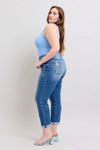 Judy Blue Full Size Button Fly Distressed Jeans with Pockets Plus Size - DaTrendStore.Com