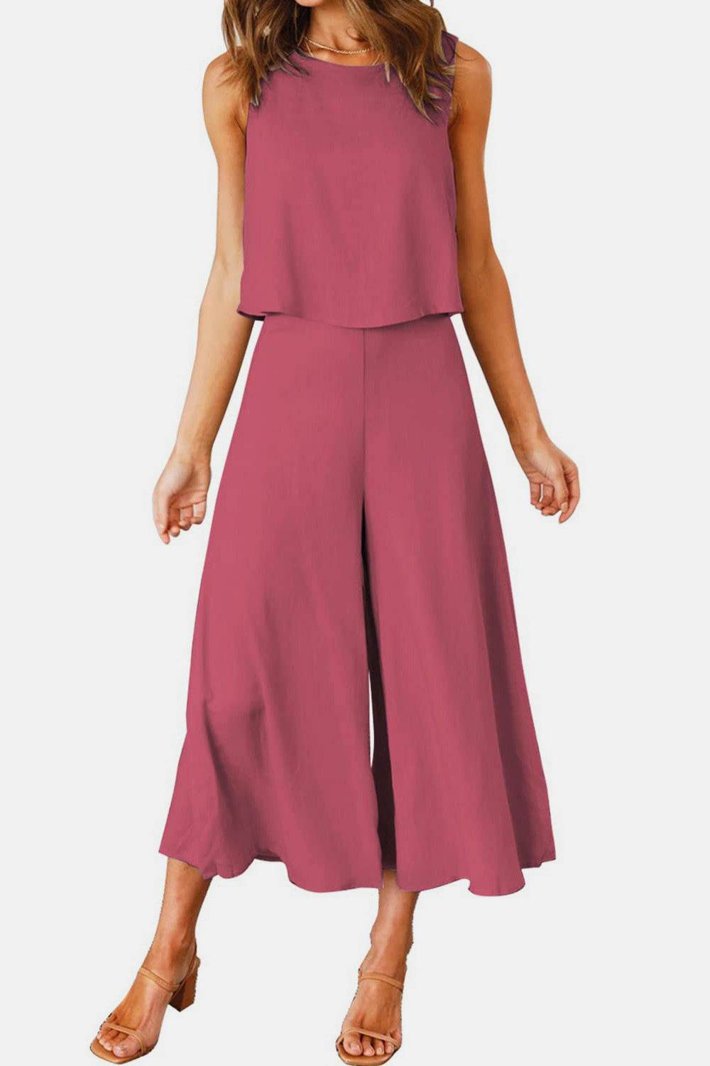 Round Neck Top and Wide Leg Pants Set - DaTrendStore.Com