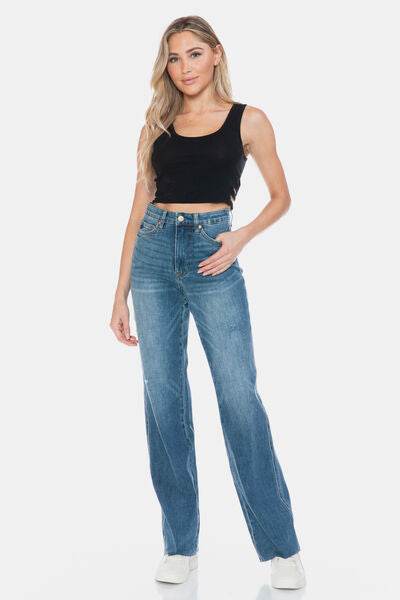 Judy Blue Full Size Tummy Control Cut Raw Hem Straight Jeans - DaTrendStore.Com