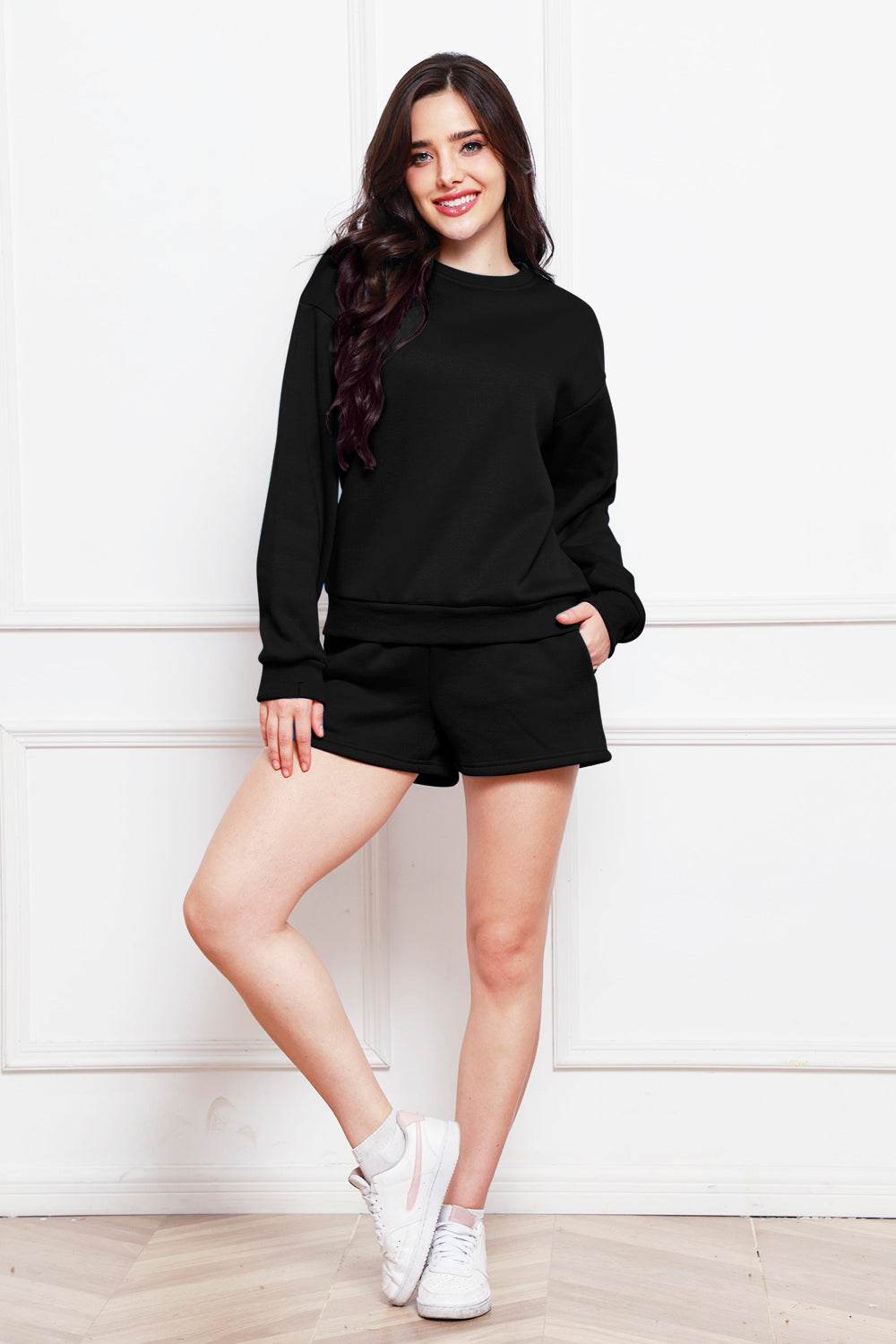 Round Neck Long Sleeve Sweatshirt and Drawstring Shorts Set - DaTrendStore.Com