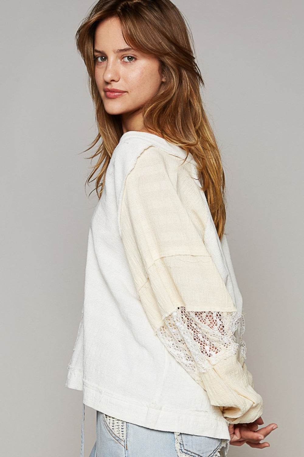 POL Balloon Sleeve Crochet Patch Top - DaTrendStore.Com