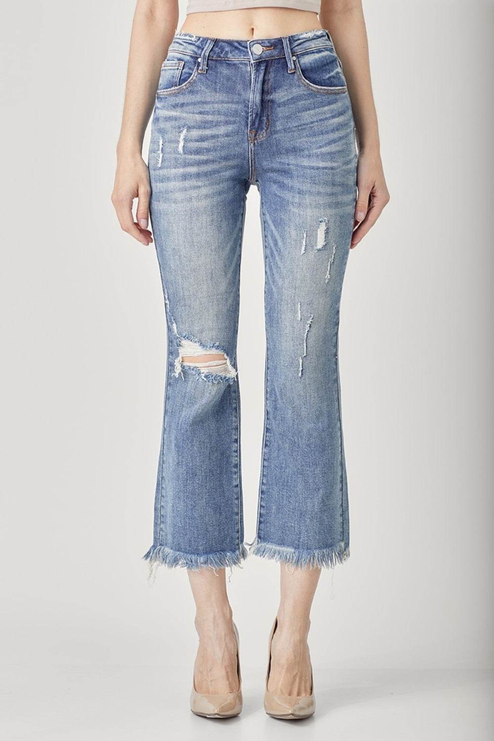 RISEN High Waist Distressed Cropped Bootcut Jeans - DaTrendStore.Com