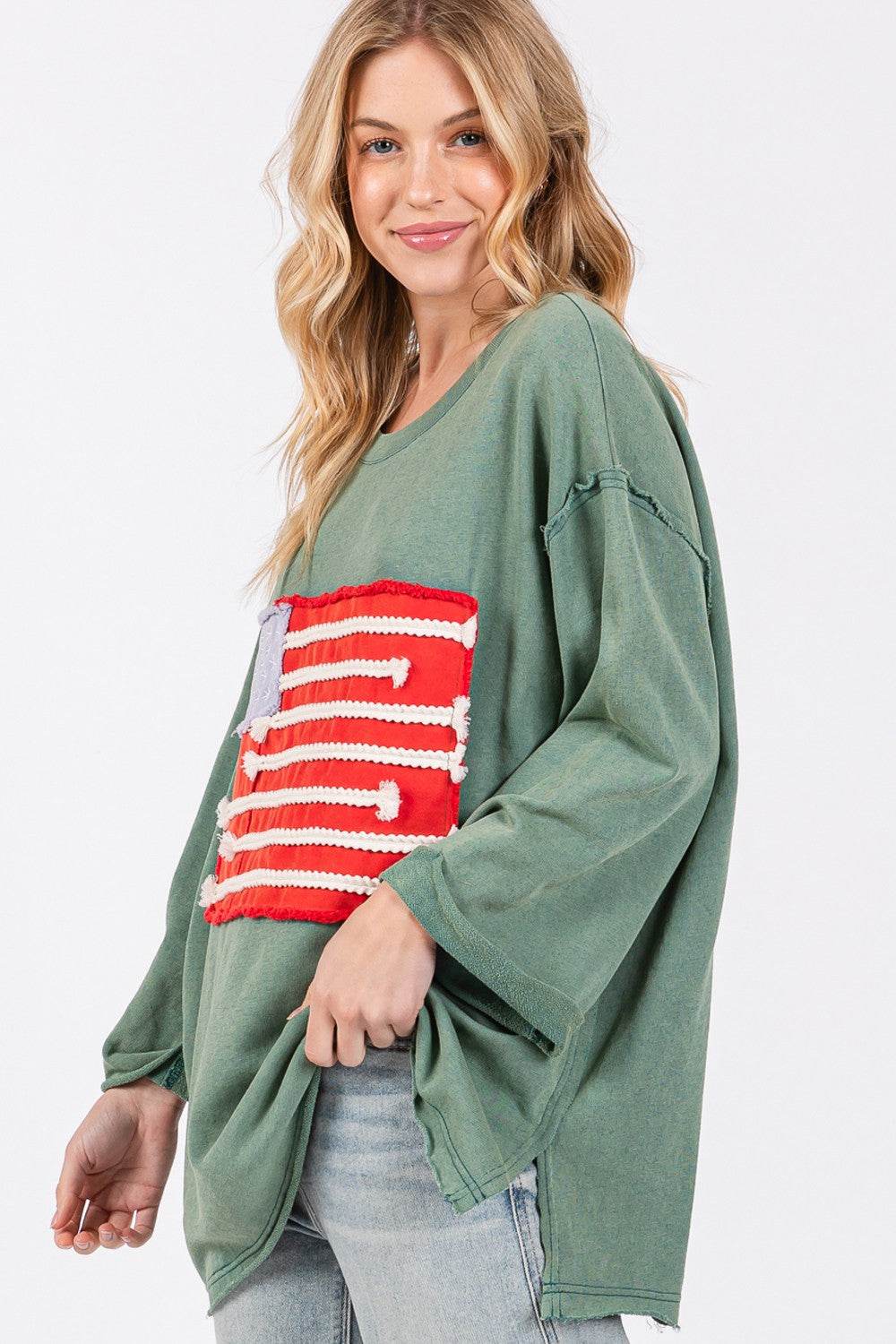 SAGE + FIG Full Size American Flag Patch Drop Shoulder T-Shirt - DaTrendStore.Com