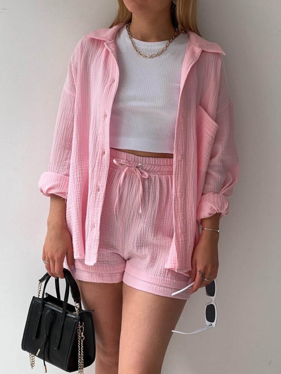 Texture Button Up Shirt and Drawstring Shorts Set - DaTrendStore.Com