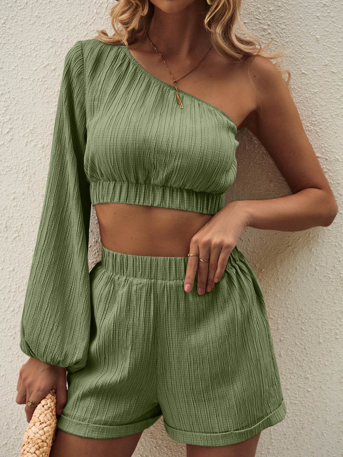 Honey One Shoulder Long Sleeve Top and Shorts Set - DaTrendStore.Com