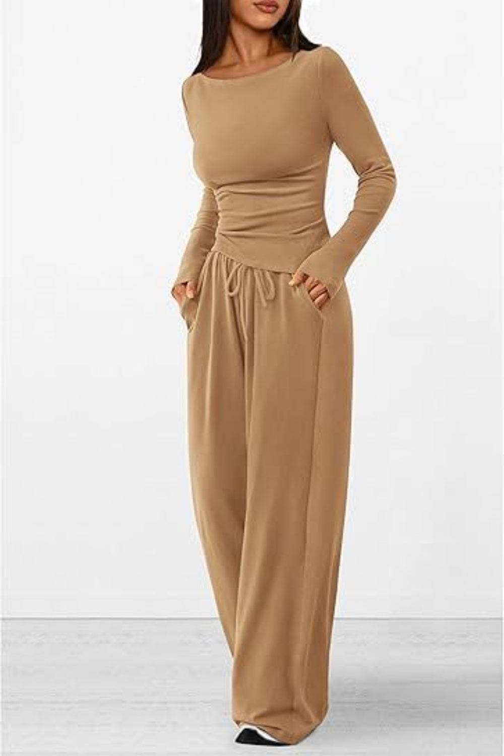 Round Neck Long Sleeve Top and Pants Set - DaTrendStore.Com