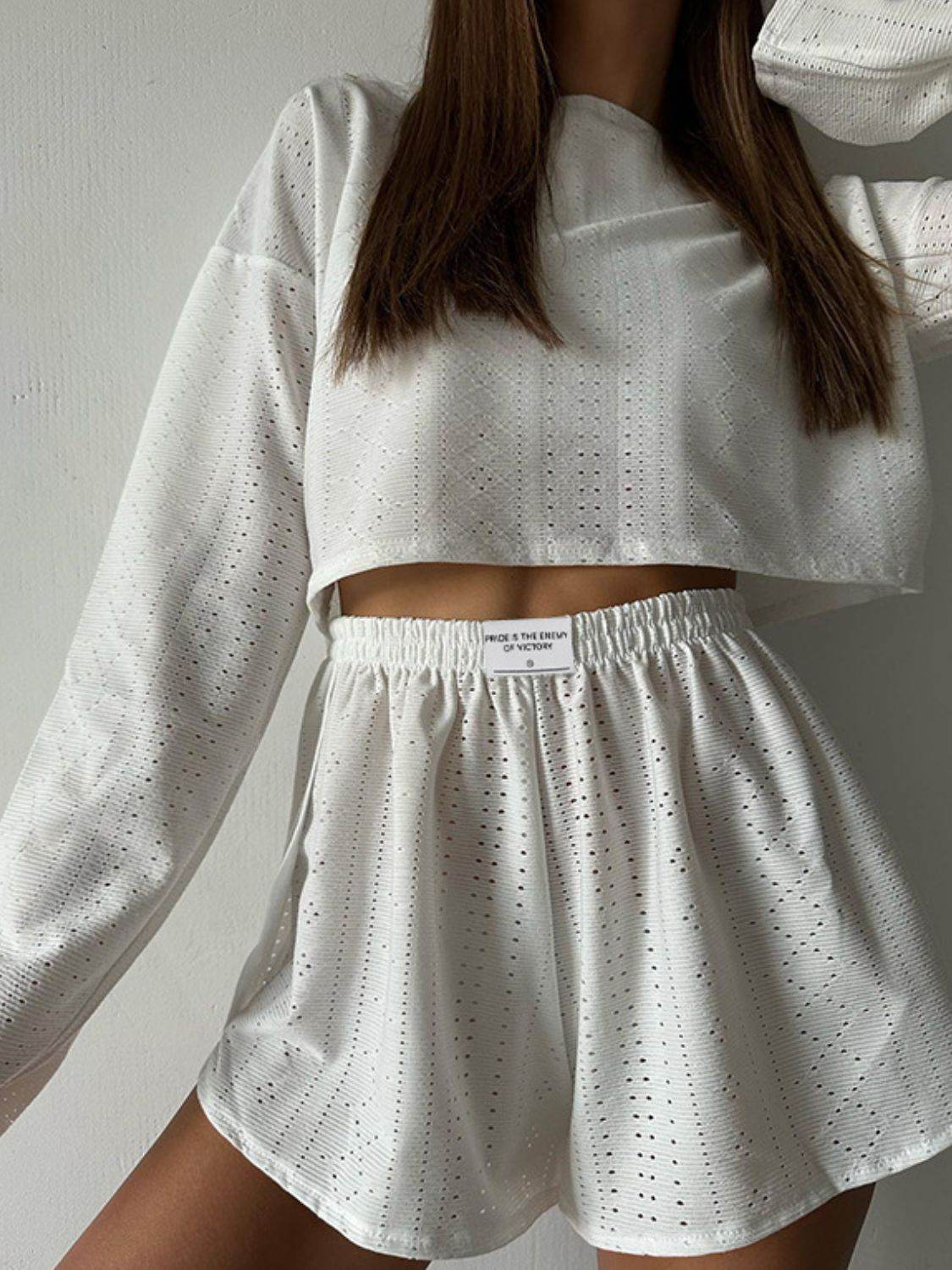 Eyelet Round Neck Top and Shorts Set - DaTrendStore.Com