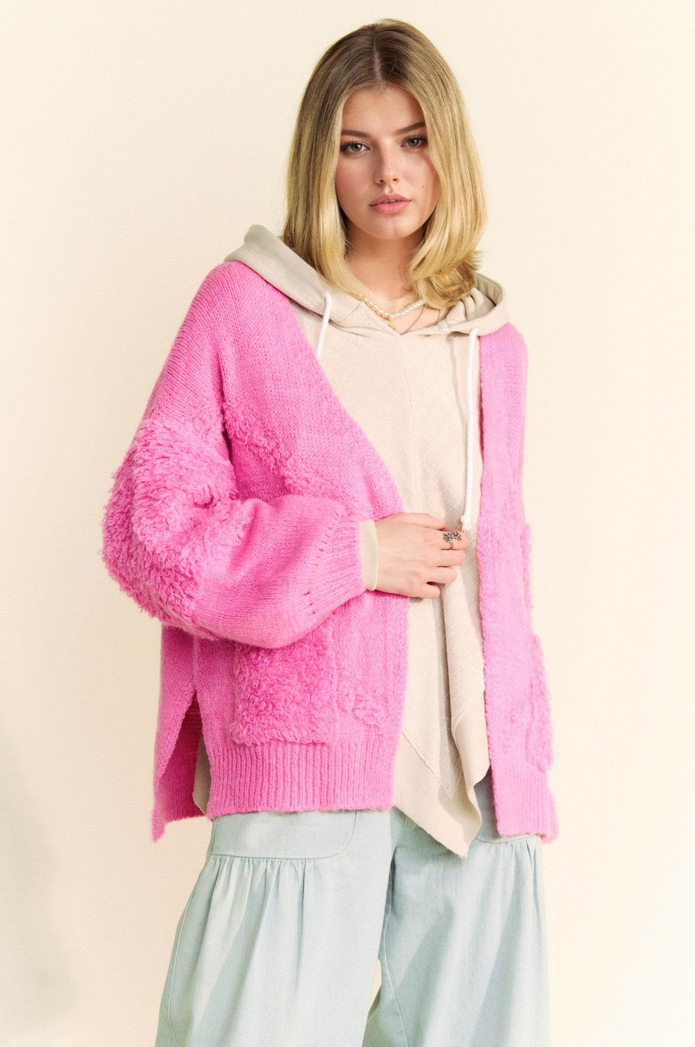 Davi & Dani Side Slit Open Front Long Sleeve Cardigan - DaTrendStore.Com