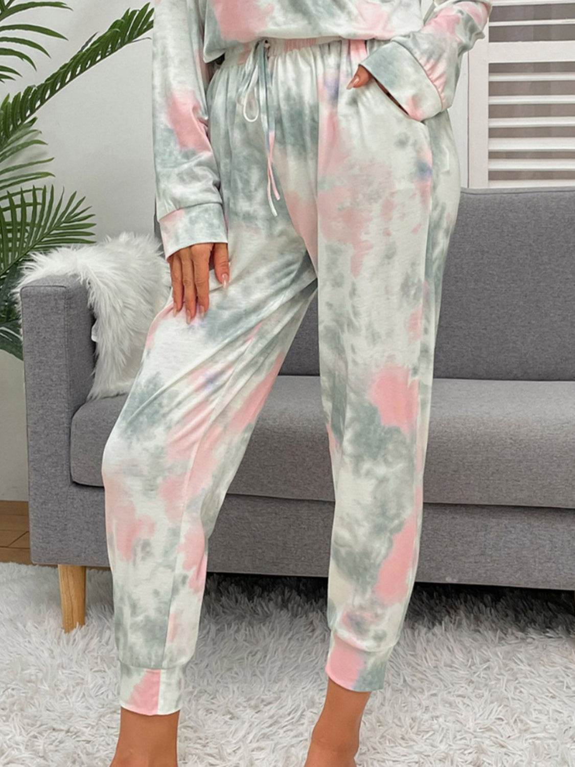 Shiny Tie-Dye Round Neck Top and Drawstring Pants Lounge Set - DaTrendStore.Com