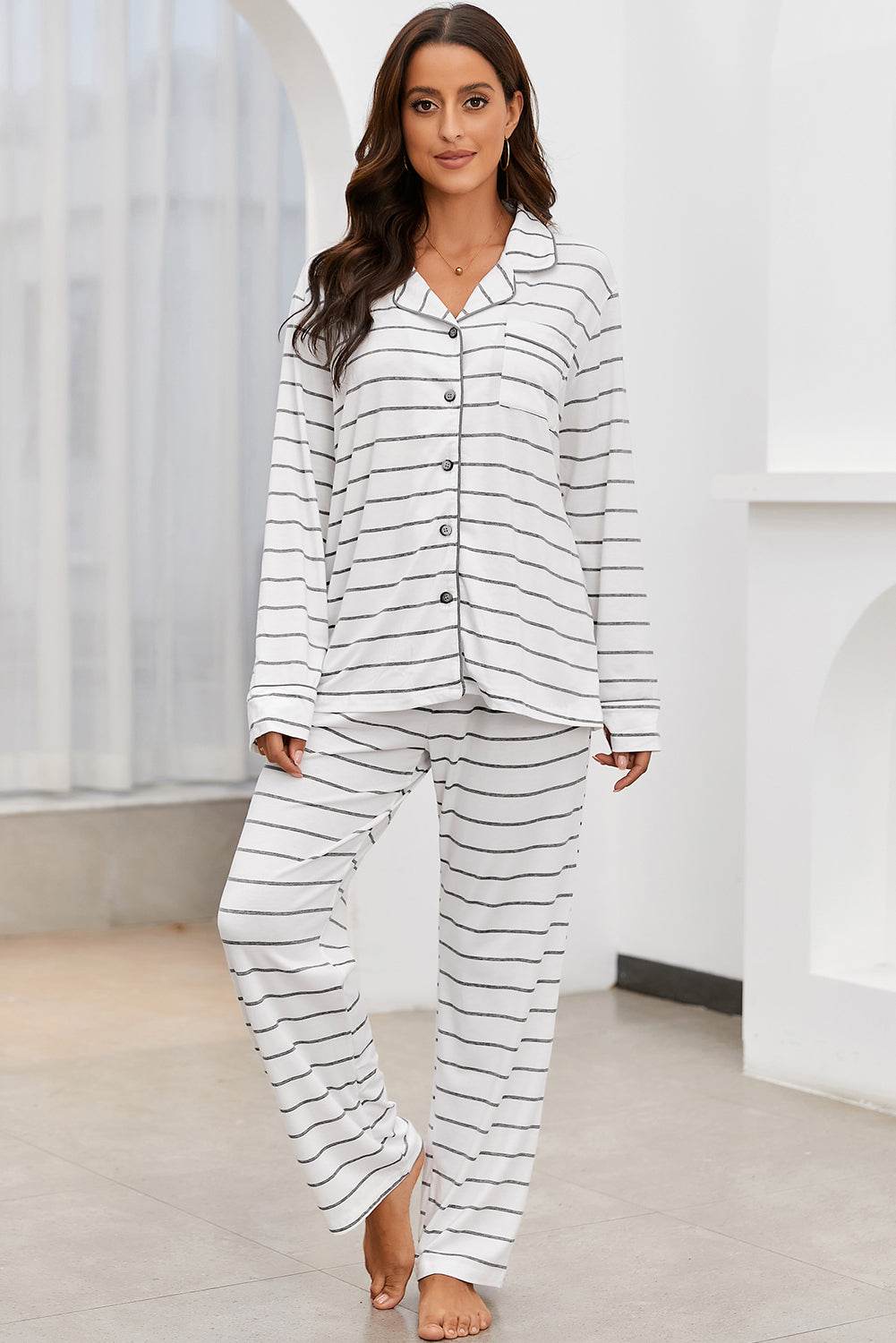 Striped V-Neck Long Sleeve Top and Pants Lounge Set - DaTrendStore.Com
