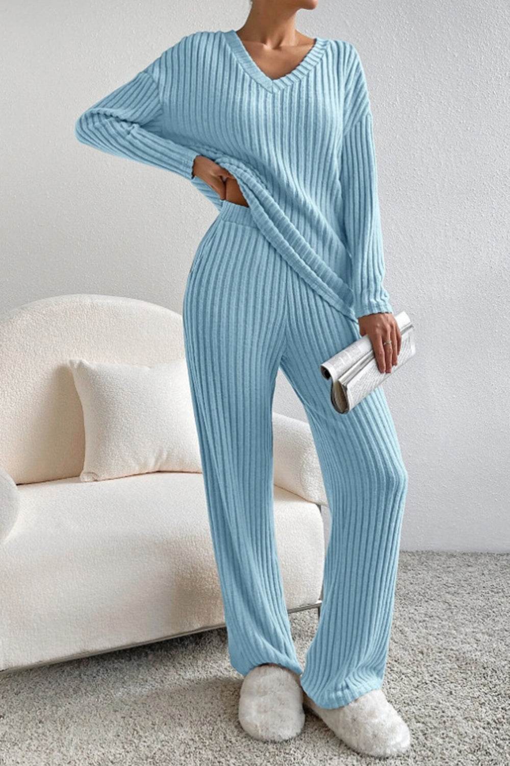 Ribbed V-Neck Top and Pants Set - DaTrendStore.Com