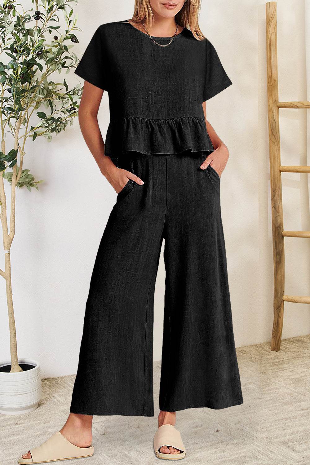 Peplum Round Neck Short Sleeve Top and Pants Set - DaTrendStore.Com