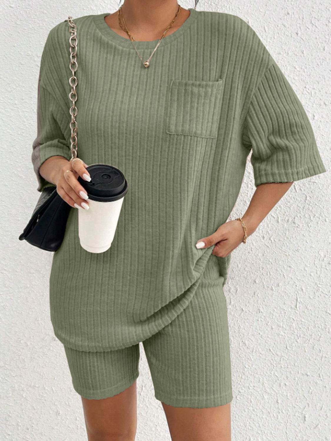 Ribbed Round Neck Top and Shorts Set - DaTrendStore.Com