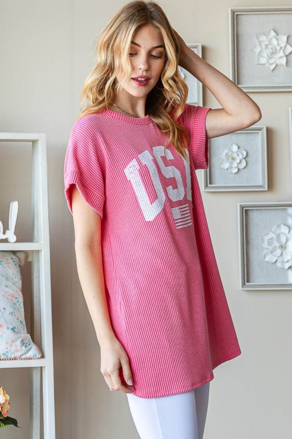 Heimish Full Size USA Graphic Short Sleeve Ribbed Top - DaTrendStore.Com