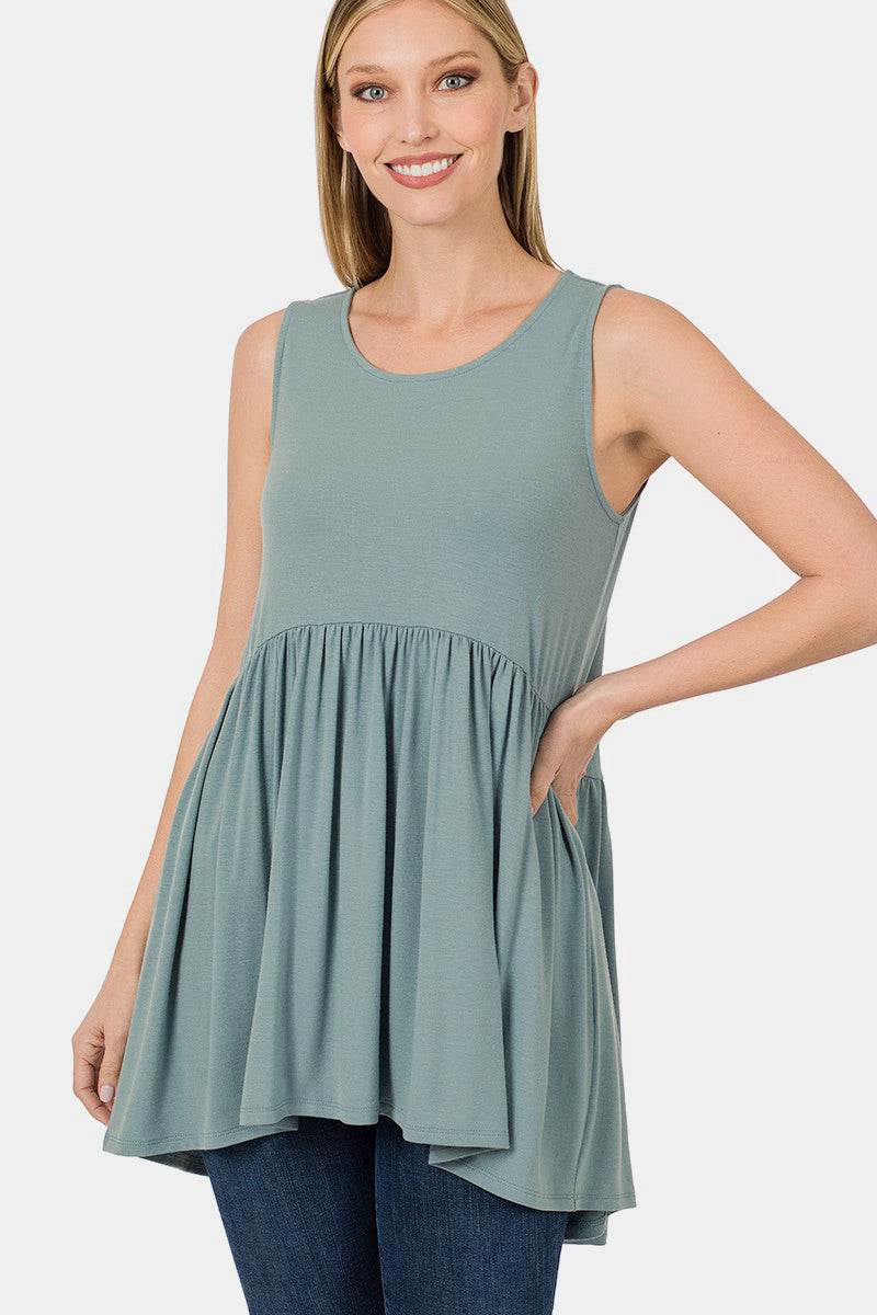 Zenana Round Neck Wide Strap Babydoll Top - DaTrendStore.Com