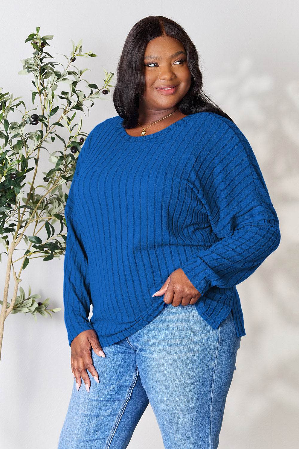 Basic Bae Full Size Ribbed Round Neck Slit Knit Top - DaTrendStore.Com