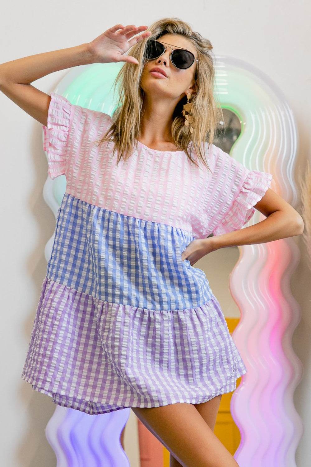 BiBi Plaid Color Block Tiered Top - DaTrendStore.Com