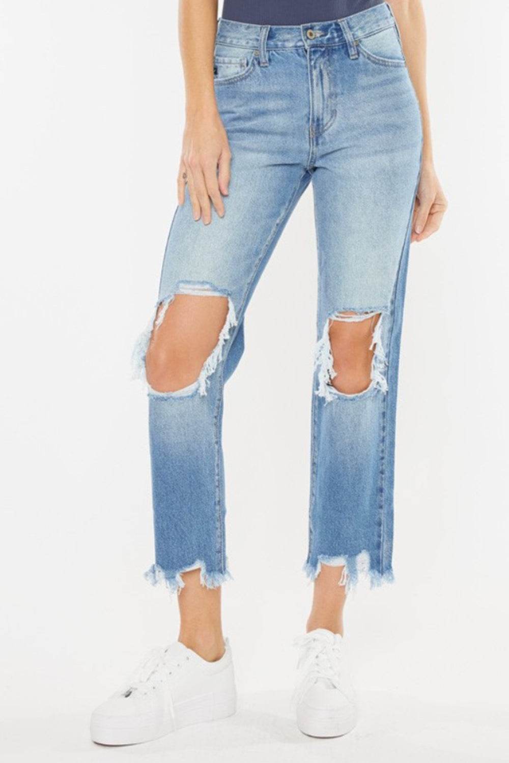 Kancan High Waist Chewed Up Straight Mom Jeans - DaTrendStore.Com