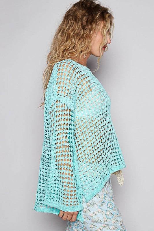 POL Side Slit Openwork Long Sleeve Knit Cover Up - DaTrendStore.Com