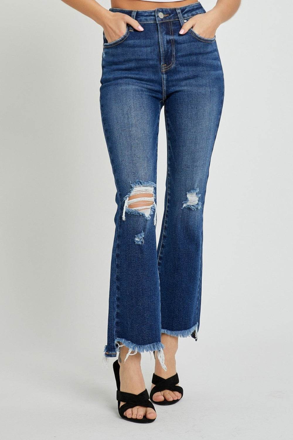 RISEN High Rise Distressed Crop Flare Jeans - DaTrendStore.Com