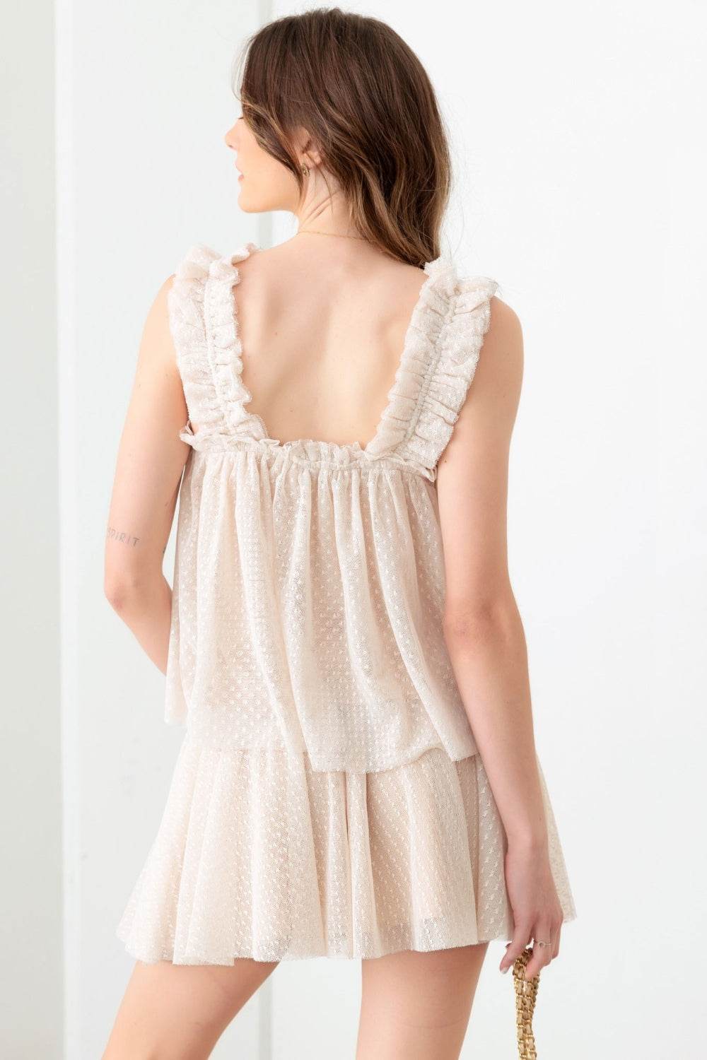 Mustard Seed Sheer Pin Dot Tank and Elastic Waist Skirt Set - DaTrendStore.Com