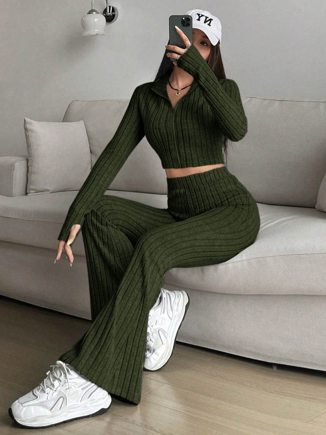 Honey Zip Up Long Sleeve Top and Pants Set - DaTrendStore.Com