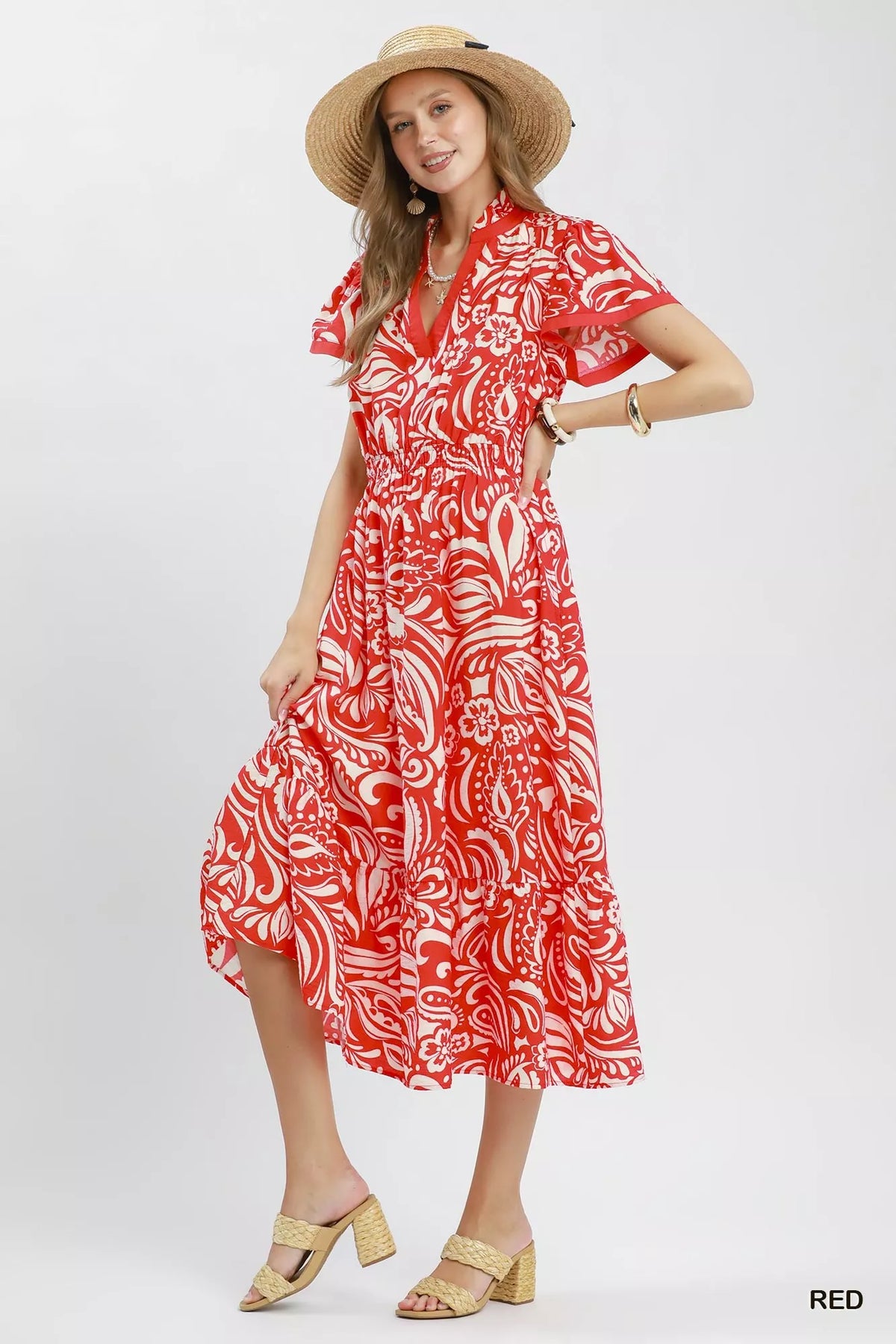 Umgee Paisley Print Midi Dress with Side Pockets - Red