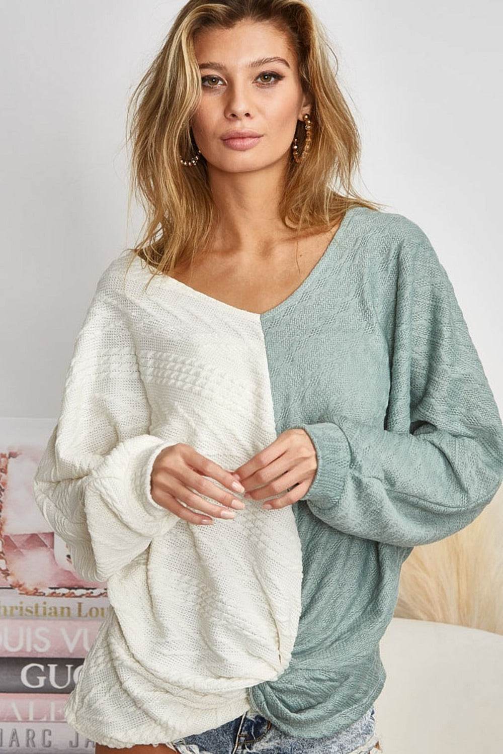 BiBi Twist Front Contrast Cable Knit Top - DaTrendStore.Com