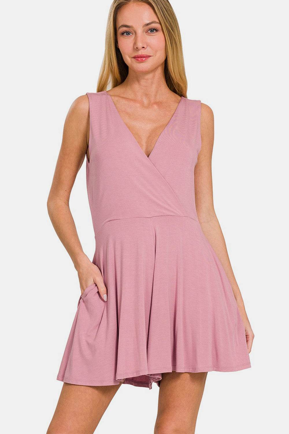 Zenana Surplice Neckline Sleeveless Romper - DaTrendStore.Com