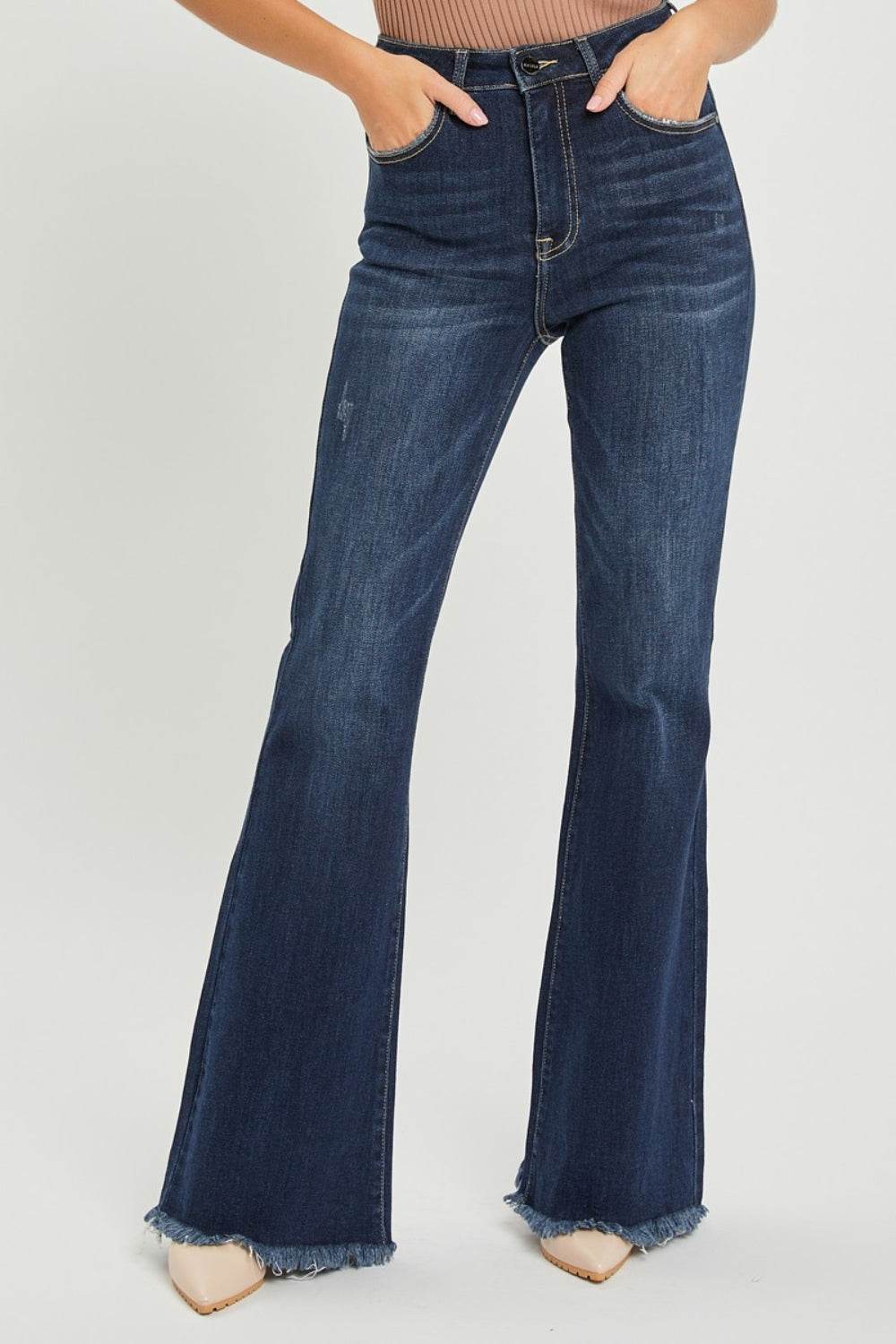 RISEN High Waist Raw Hem Flare Jeans - DaTrendStore.Com