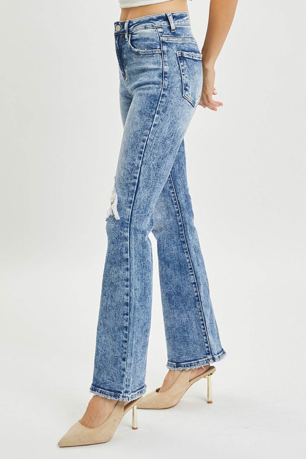 RISEN Full Size High Rise Distressed Flare Jeans - DaTrendStore.Com