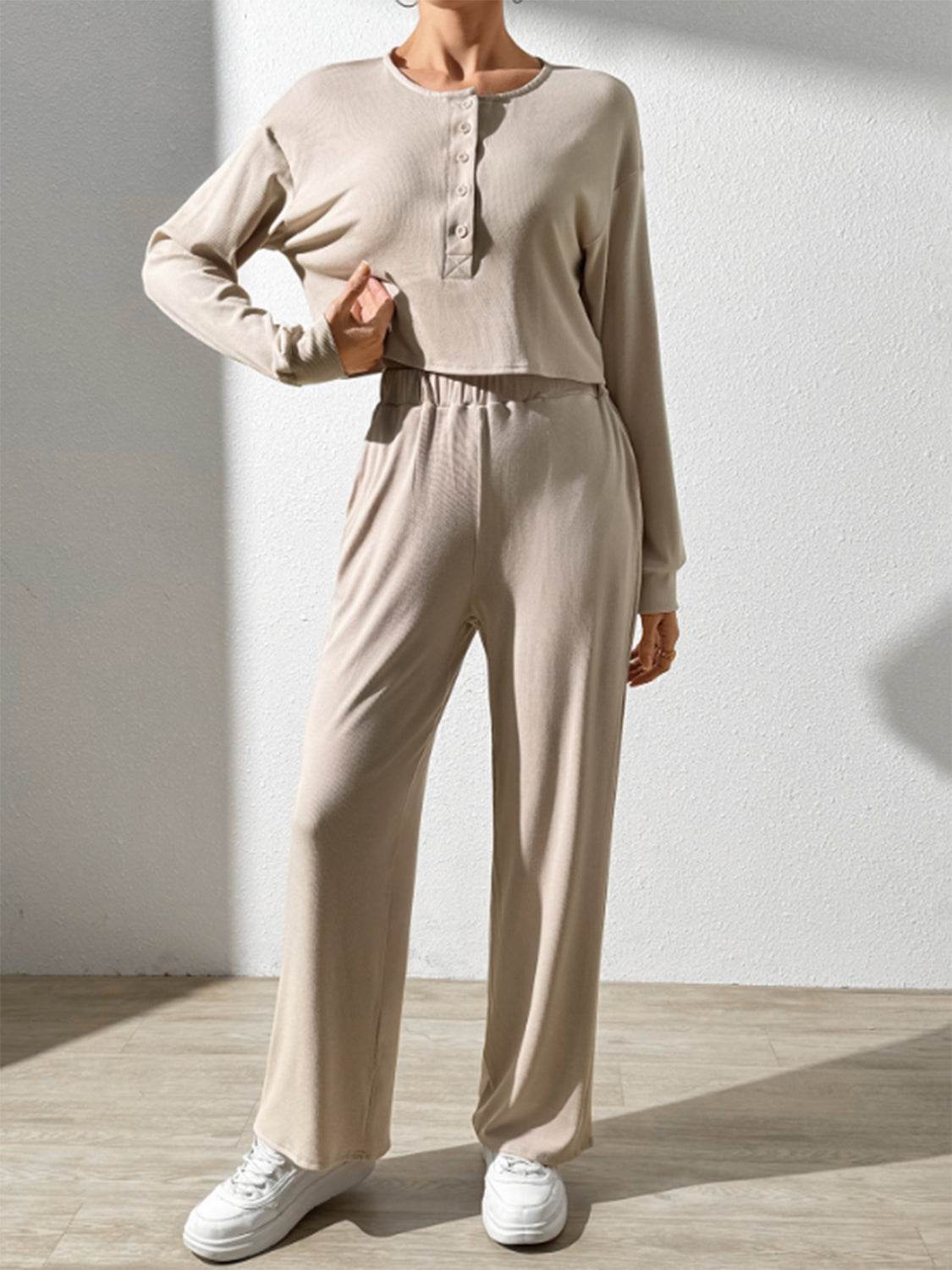 Half Button Long Sleeve Top and Pants Set - DaTrendStore.Com