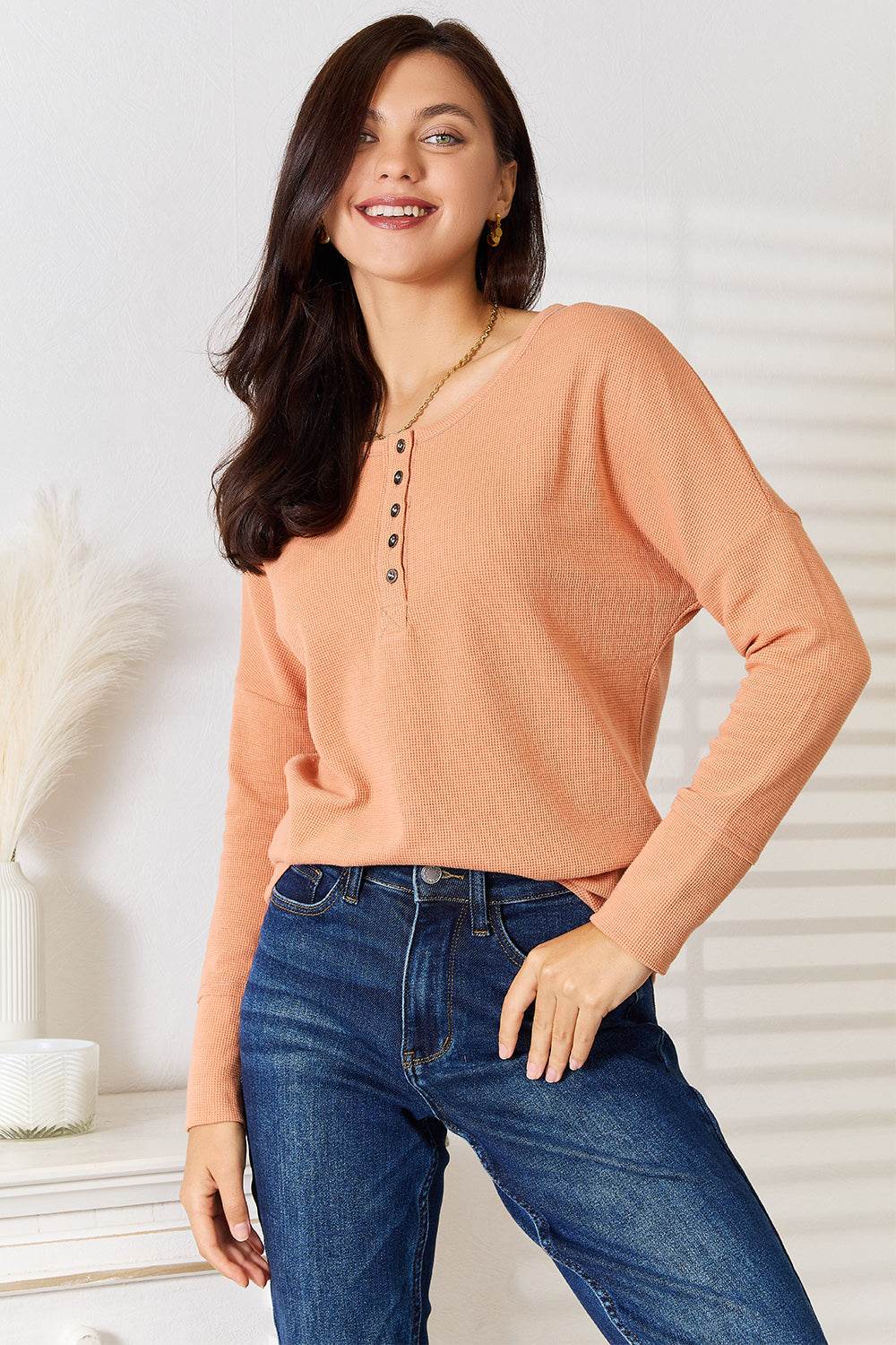 Basic Bae Half Button Long Sleeve Top - DaTrendStore.Com