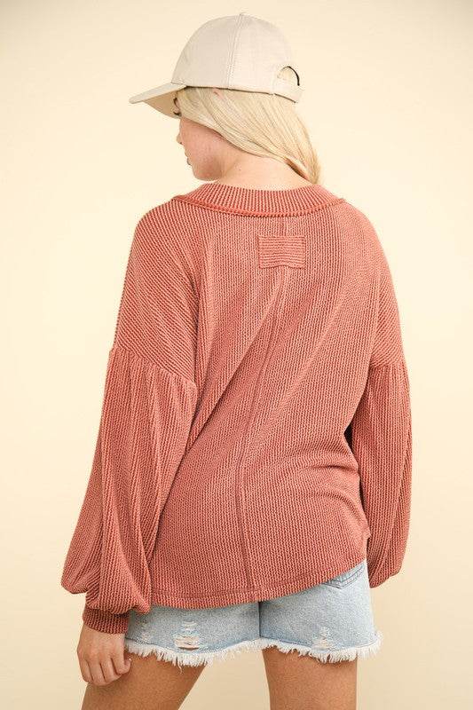 VERY J Two Tone Ribbed V-Neck Exposed Seam Top - DaTrendStore.Com