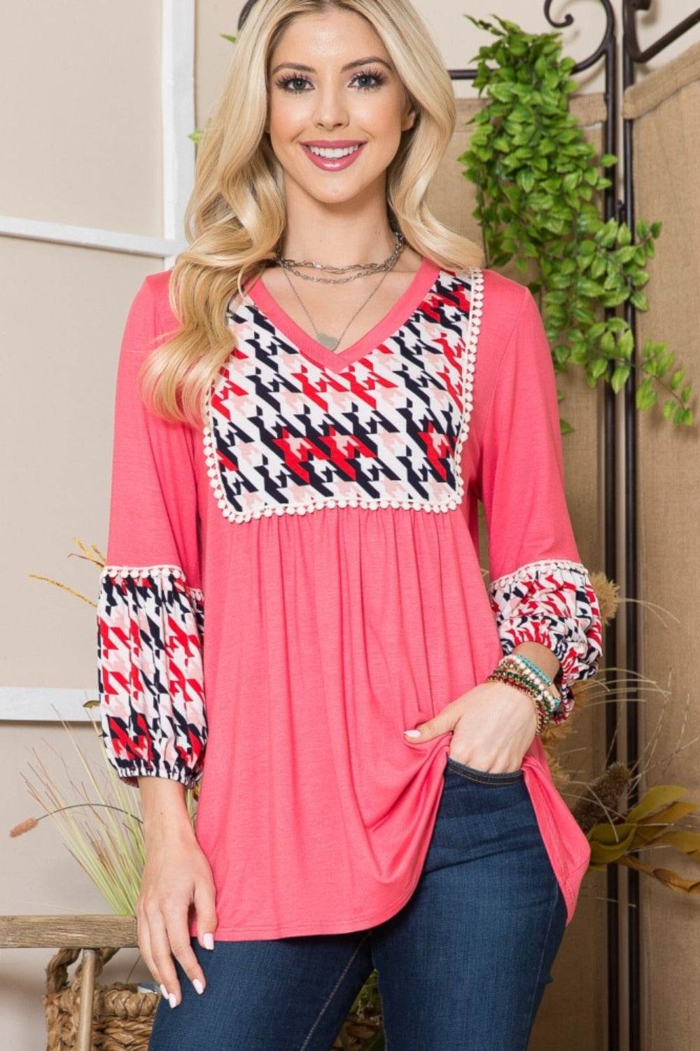 Celeste Full Size Houndstooth Front Yoke Balloon Sleeve Top - DaTrendStore.Com