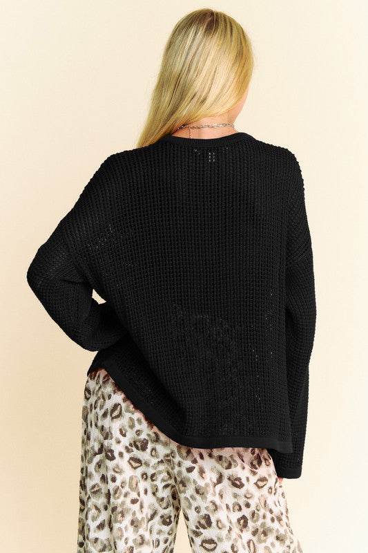 Davi & Dani Star Front Crochet Drop Shoulder Knit Top - DaTrendStore.Com