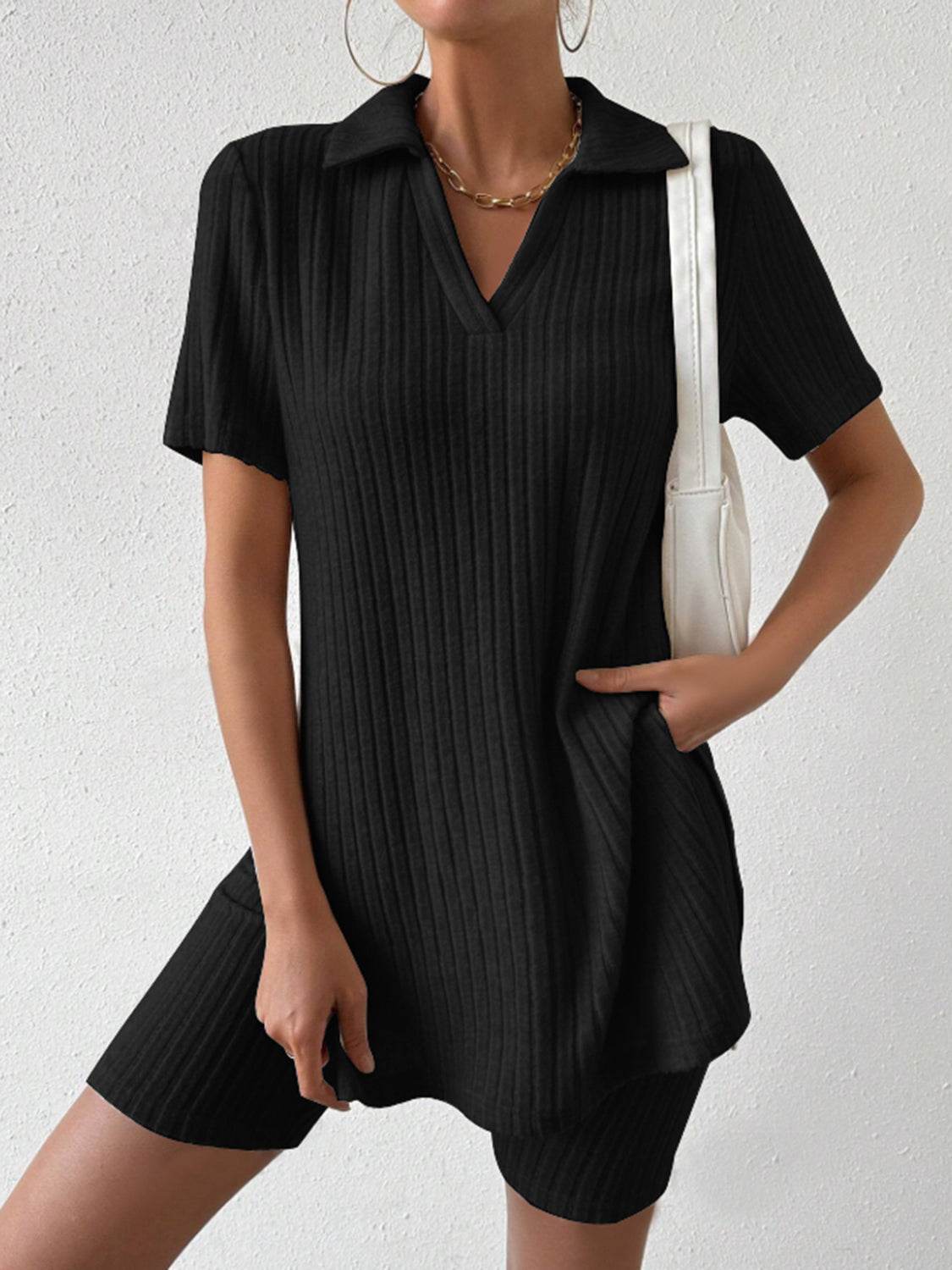 Johnny Collar Short Sleeve Top and Shorts Set - DaTrendStore.Com
