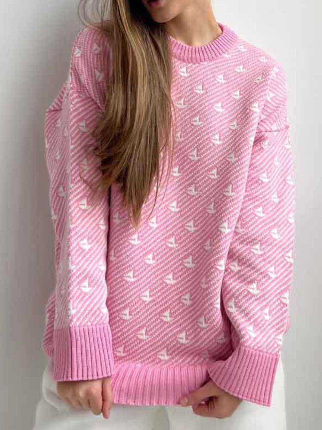 Contrast Round Neck Long Sleeve Sweater - DaTrendStore.Com