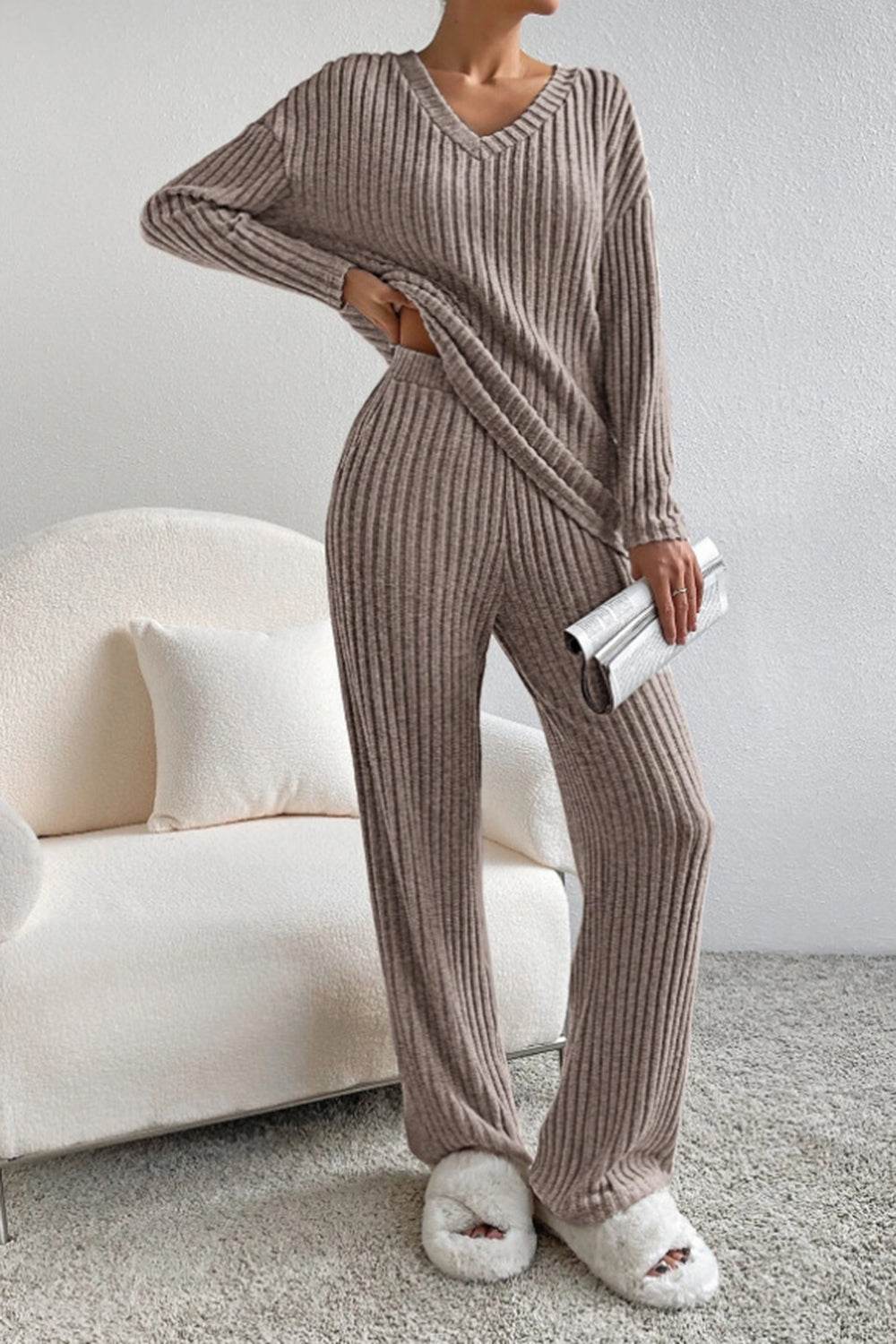 Ribbed V-Neck Top and Pants Set - DaTrendStore.Com