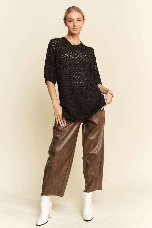 Davi & Dani Side Slit Openwork Round Neck Half Sleeve Knit Cover Up - DaTrendStore.Com