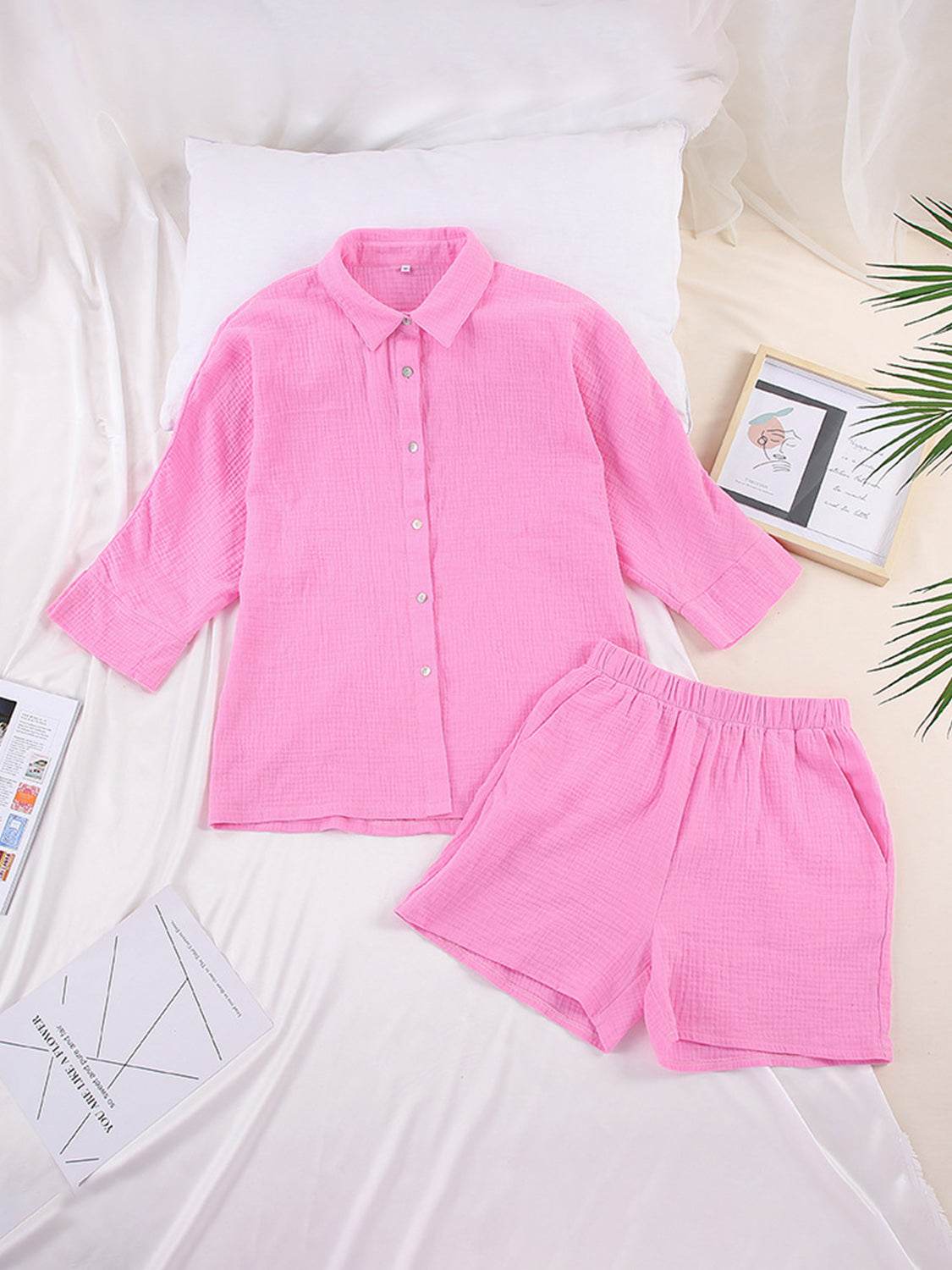 Texture Button Up Shirt and Shorts Set - DaTrendStore.Com