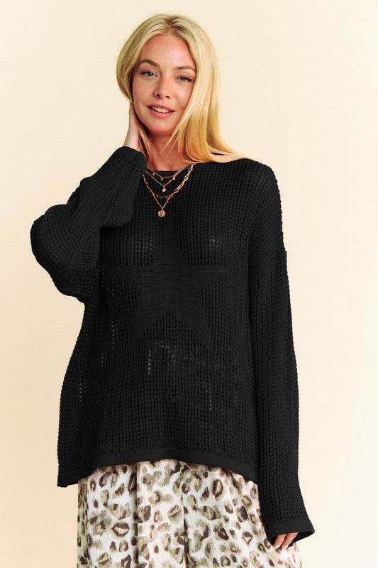 Davi & Dani Star Front Crochet Drop Shoulder Knit Top - DaTrendStore.Com