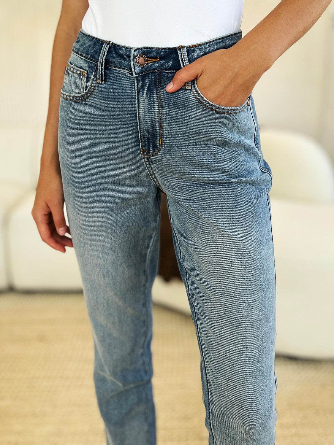 Judy Blue Full Size Mid Rise Rigid Magic Release Hem Jeans - DaTrendStore.Com