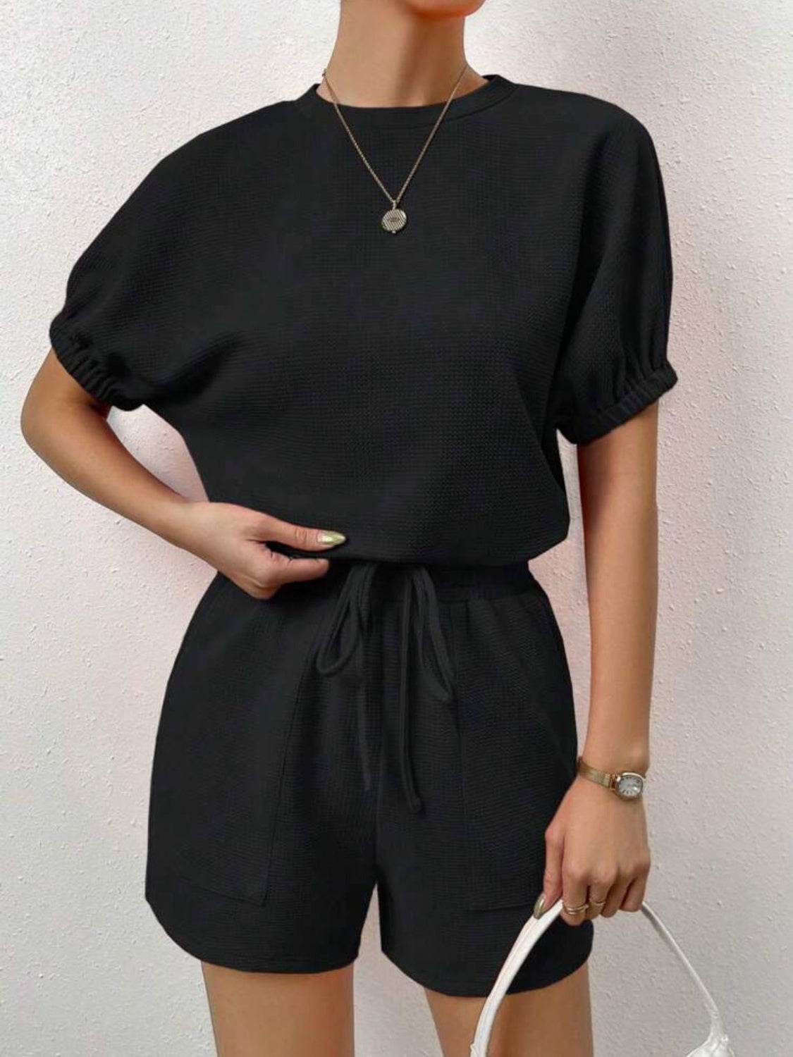 Waffle-Knit Round Neck T-Shirt and Pocketed Shorts Lounge Set - DaTrendStore.Com