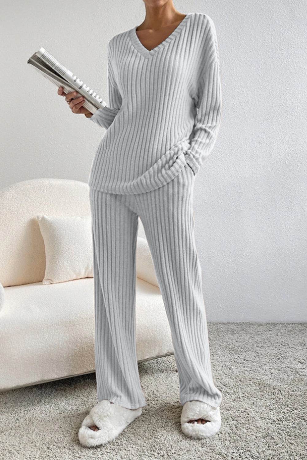 Ribbed V-Neck Top and Pants Set - DaTrendStore.Com
